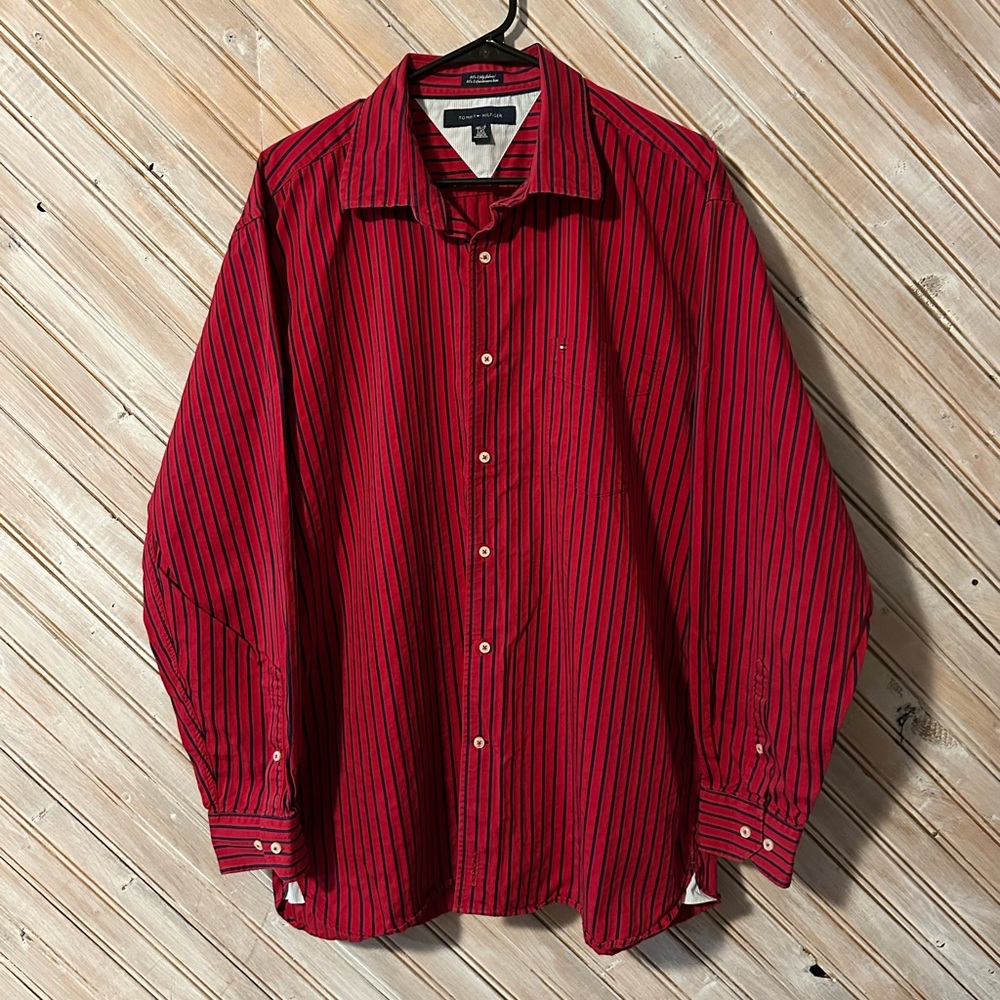 Tommy Hilfiger Men's Red & Black Striped Dress Shirt 80s 2 Ply Fabric